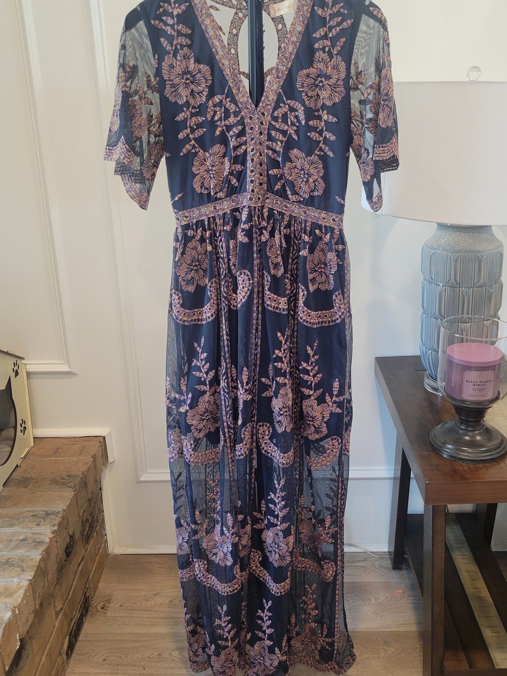 Altar'd State Navy Maxi Dress with Pink Floral Embroidery